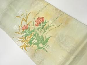 リサイクル　石畳に草花模様織出し開き名古屋帯（額縁仕立て）